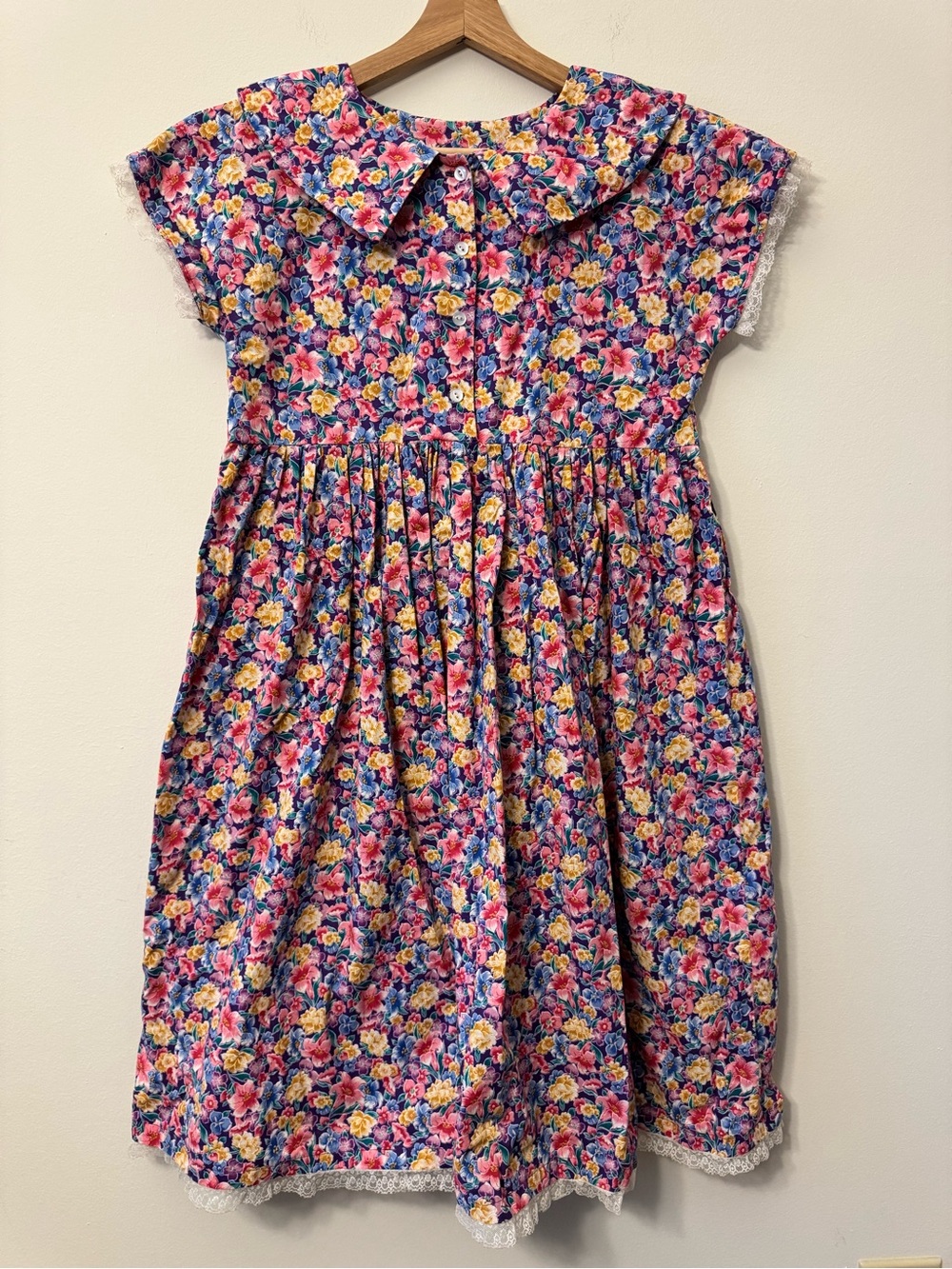 Handmade Floral Cotton Midi Approx Size M Short Sleeve Collared Vintage Dress